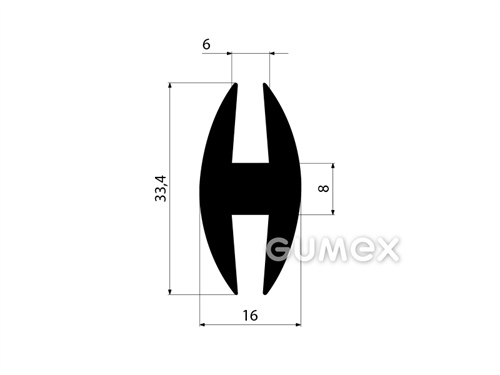 "H" Gummiprofil, 33,4x16/6/6mm, 70°ShA, EPDM, ISO 3302-1 E2, -40°C/+100°C, schwarz, 